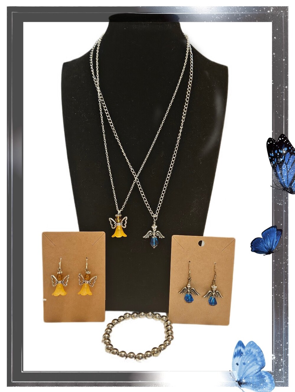 Silver Tone Yellow And Blue Angel Charm Jewelry Set